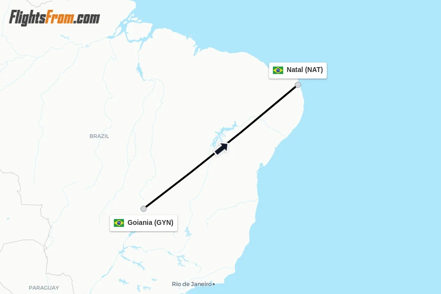 Flights from Goiania to Natal route map