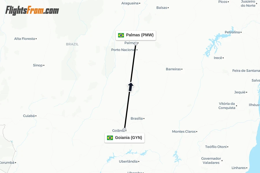 Flights from Goiania to Palmas route map