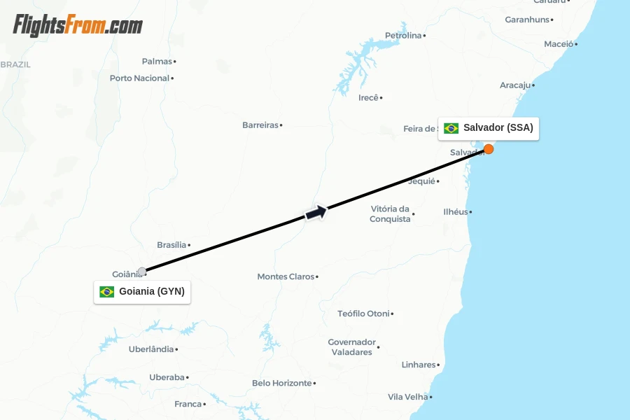 Flights from Goiania to Salvador route map