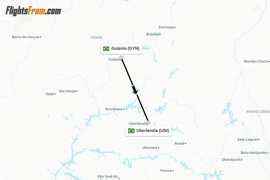 Flights from Goiania to Uberlandia route map