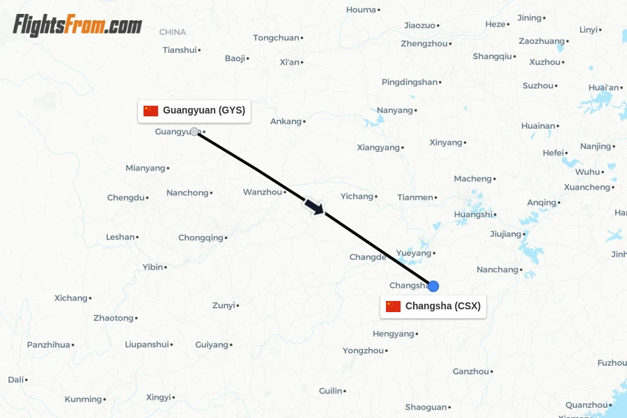 Flights from Guangyuan to Changsha route map