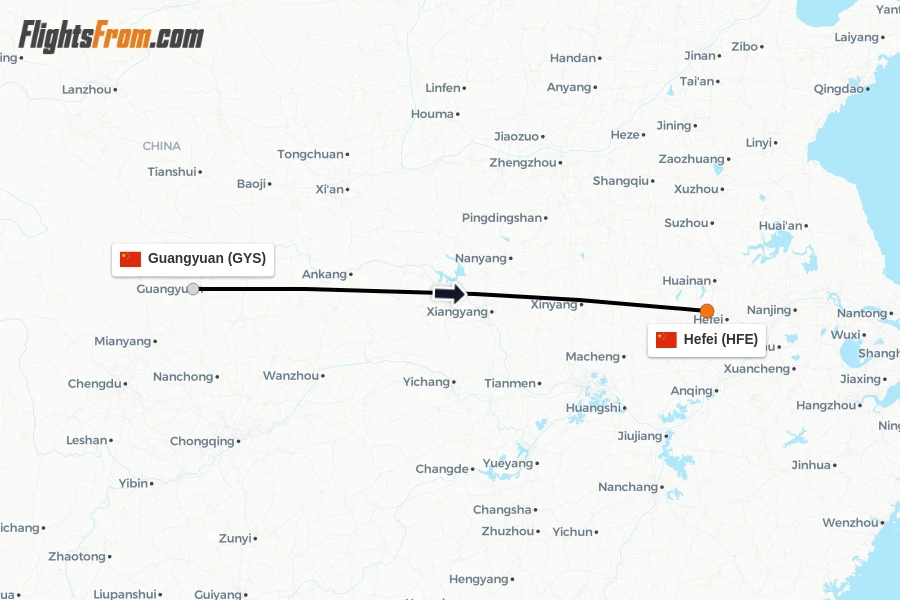 Flights from Guangyuan to Hefei route map