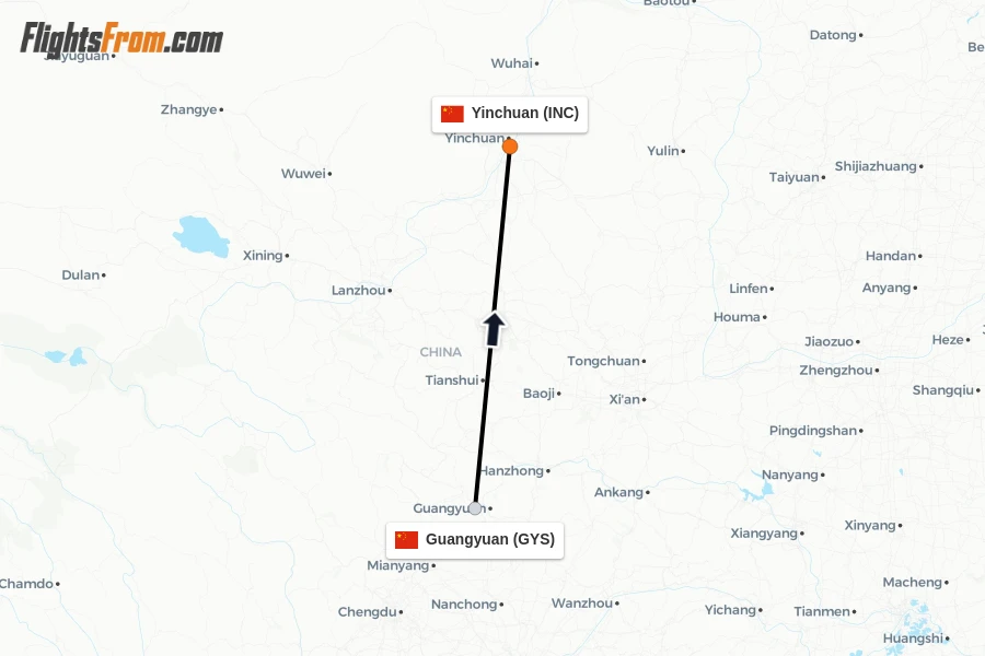 Flights from Guangyuan to Yinchuan route map