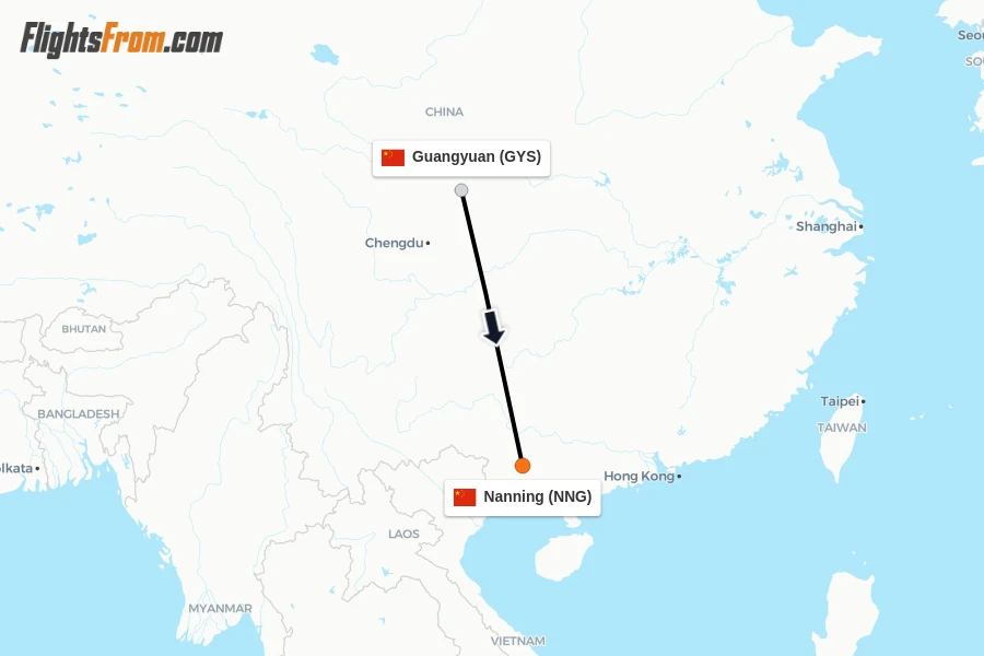 Flights from Guangyuan to Nanning route map