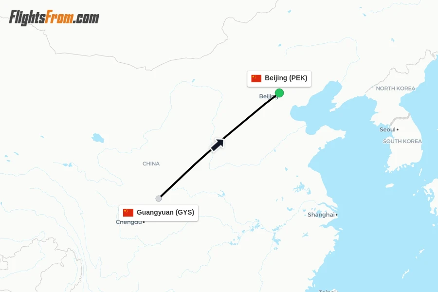 Flights from Guangyuan to Beijing route map
