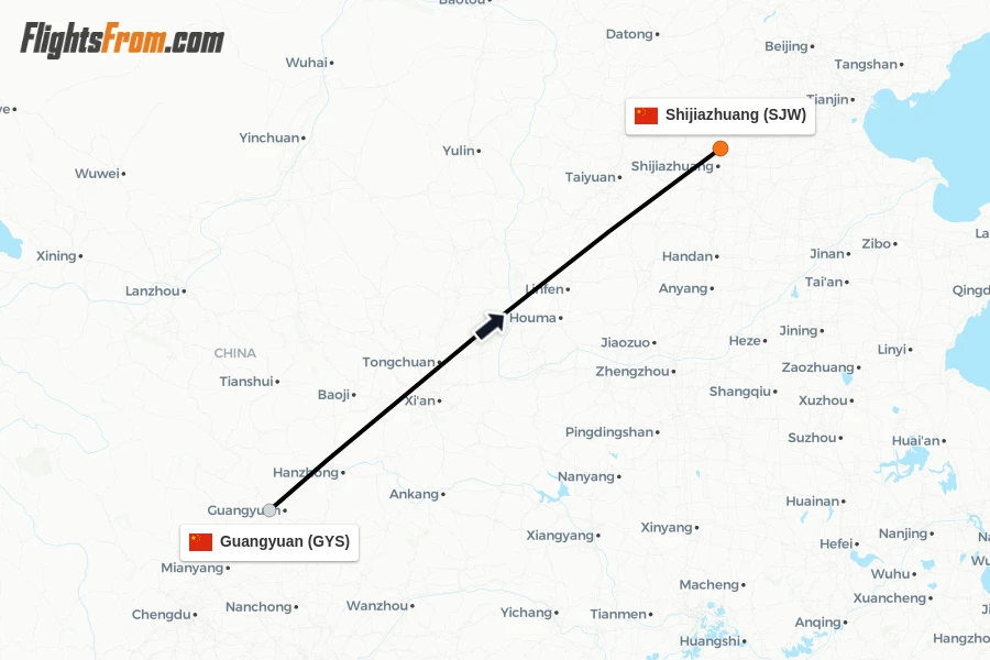 Flights from Guangyuan to Shijiazhuang route map