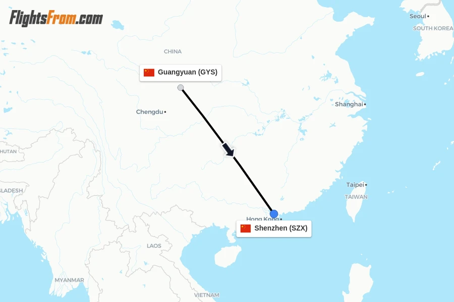 Flights from Guangyuan to Shenzhen route map