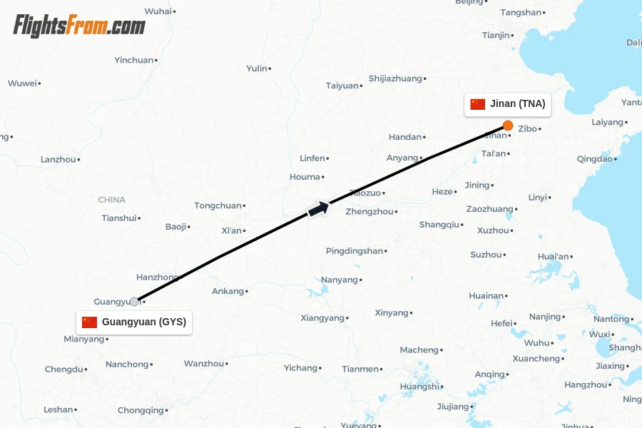 Flights from Guangyuan to Jinan route map