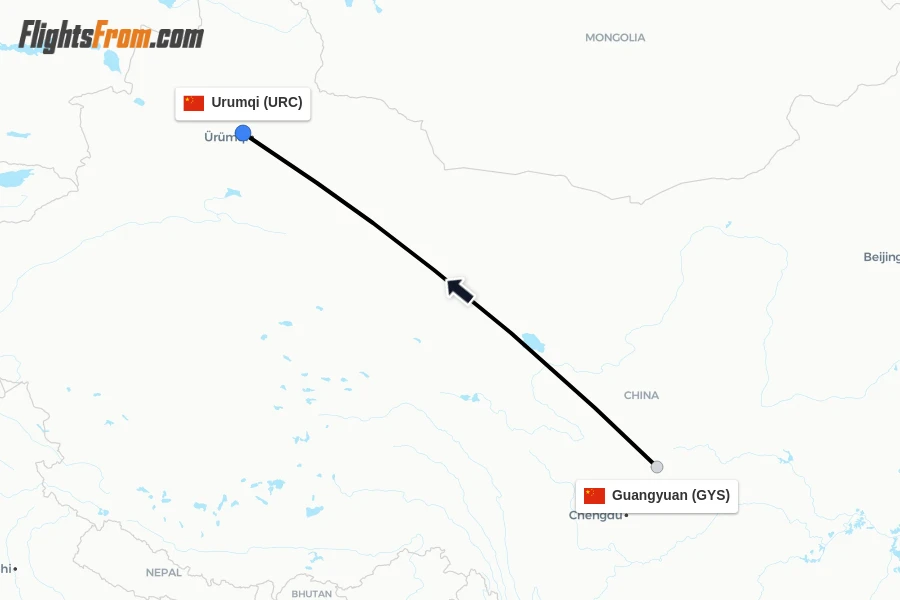 Flights from Guangyuan to Urumqi route map