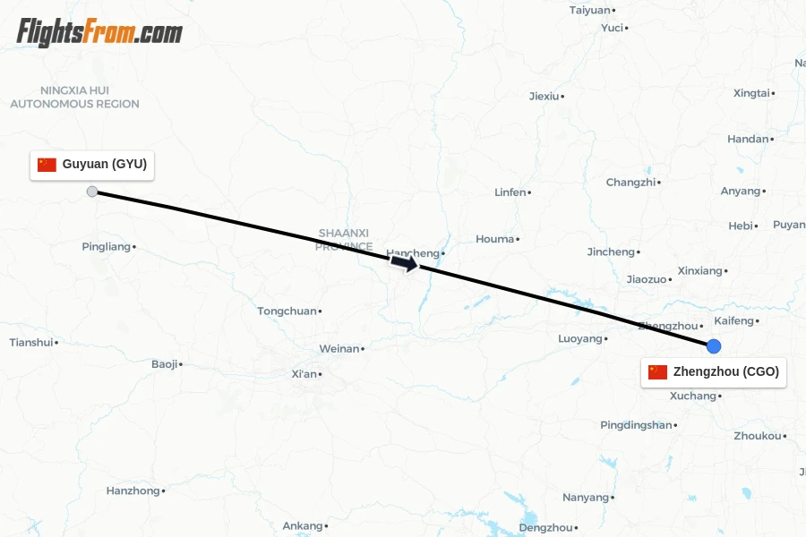 Flights from Guyuan to Zhengzhou route map