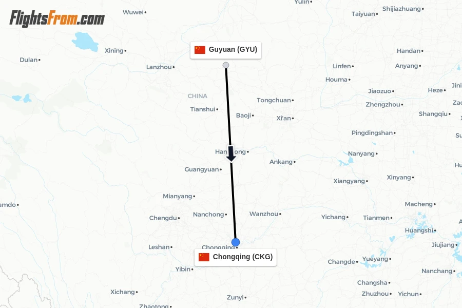Flights from Guyuan to Chongqing route map