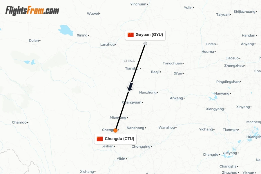 Flights from Guyuan to Chengdu route map