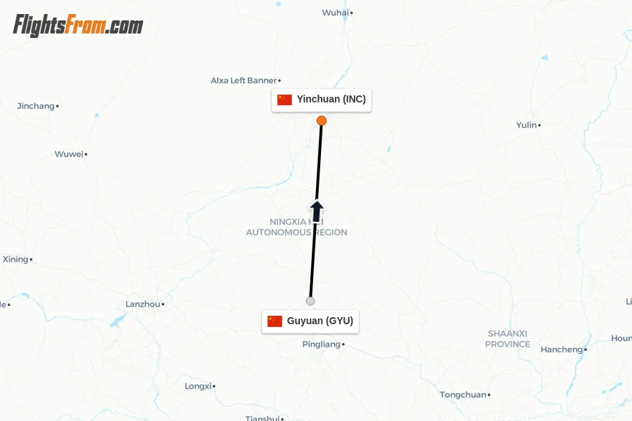 Flights from Guyuan to Yinchuan route map