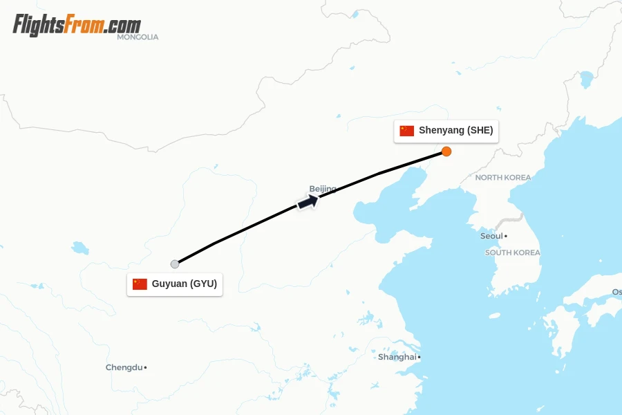 Flights from Guyuan to Shenyang route map