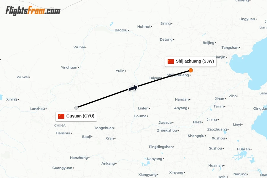 Flights from Guyuan to Shijiazhuang route map
