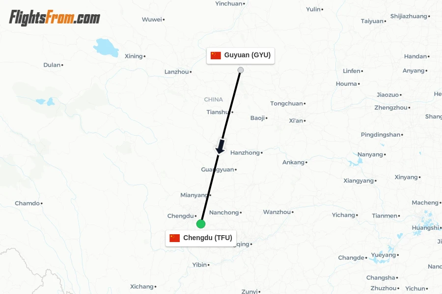 Flights from Guyuan to Chengdu route map