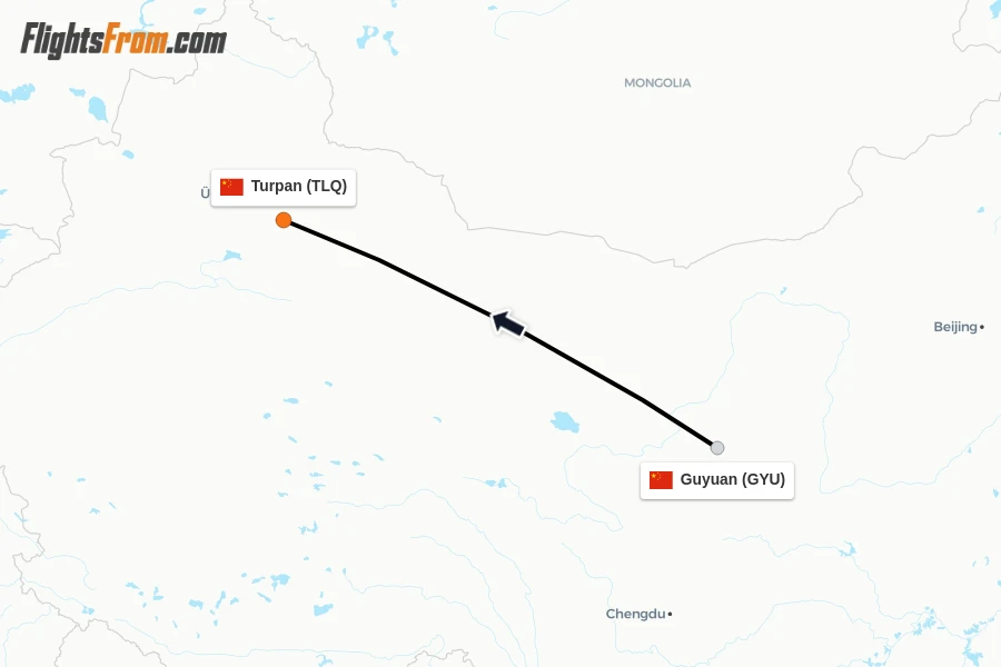 Flights from Guyuan to Turpan route map