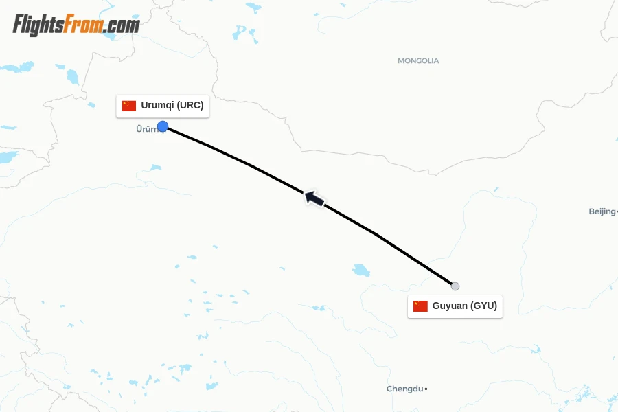 Flights from Guyuan to Urumqi route map