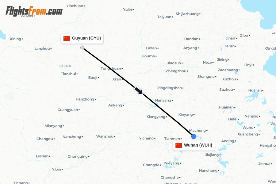 Flights from Guyuan to Wuhan route map