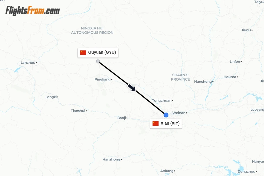 Flights from Guyuan to Xian route map