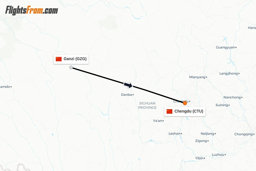 Flights from Ganzi to Chengdu route map