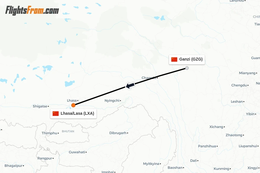 Flights from Ganzi to Lhasa/Lasa route map