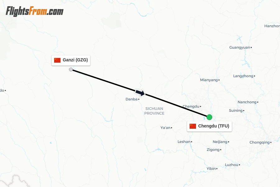 Flights from Ganzi to Chengdu route map