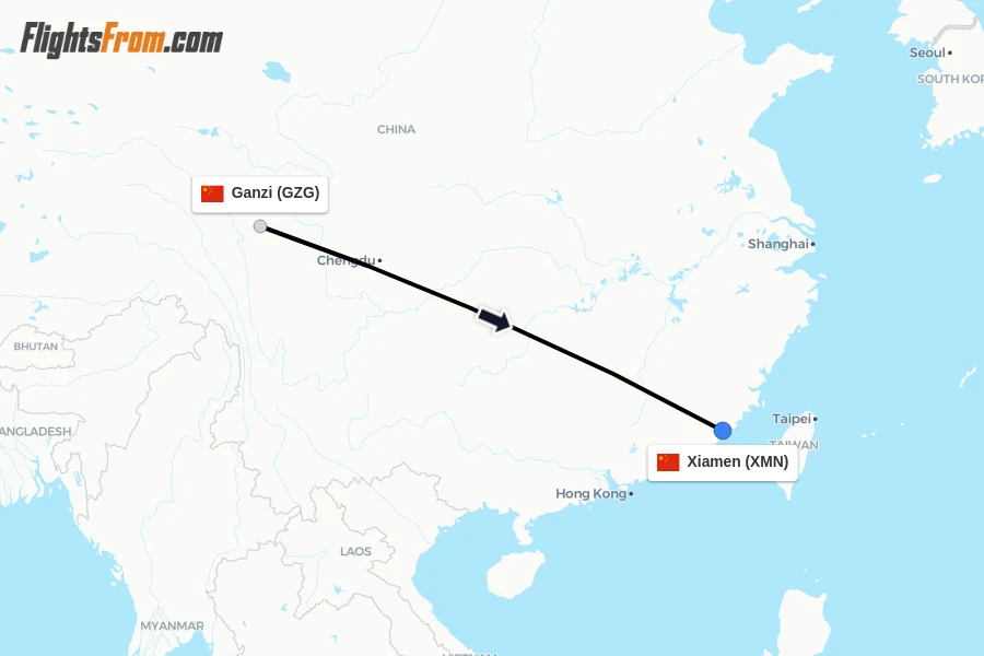 Flights from Ganzi to Xiamen route map