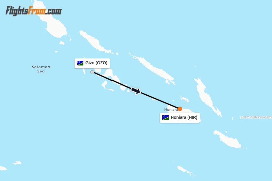 Flights from Gizo to Honiara route map