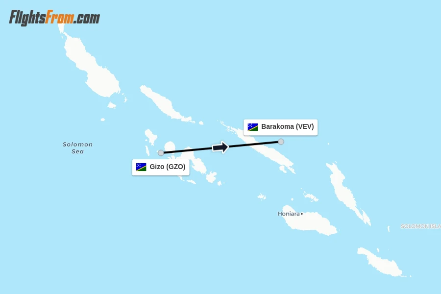 Flights from Gizo to Barakoma route map