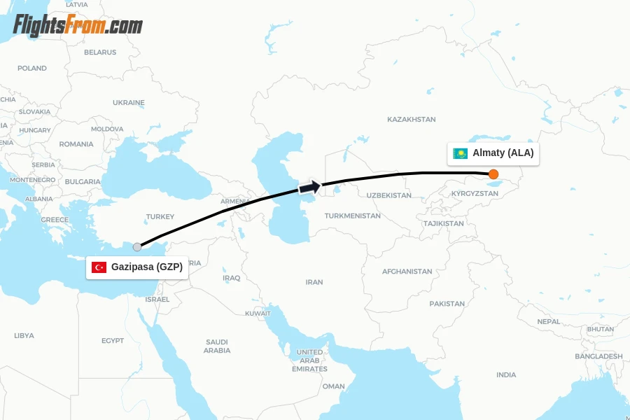 Flights from Gazipasa to Almaty route map