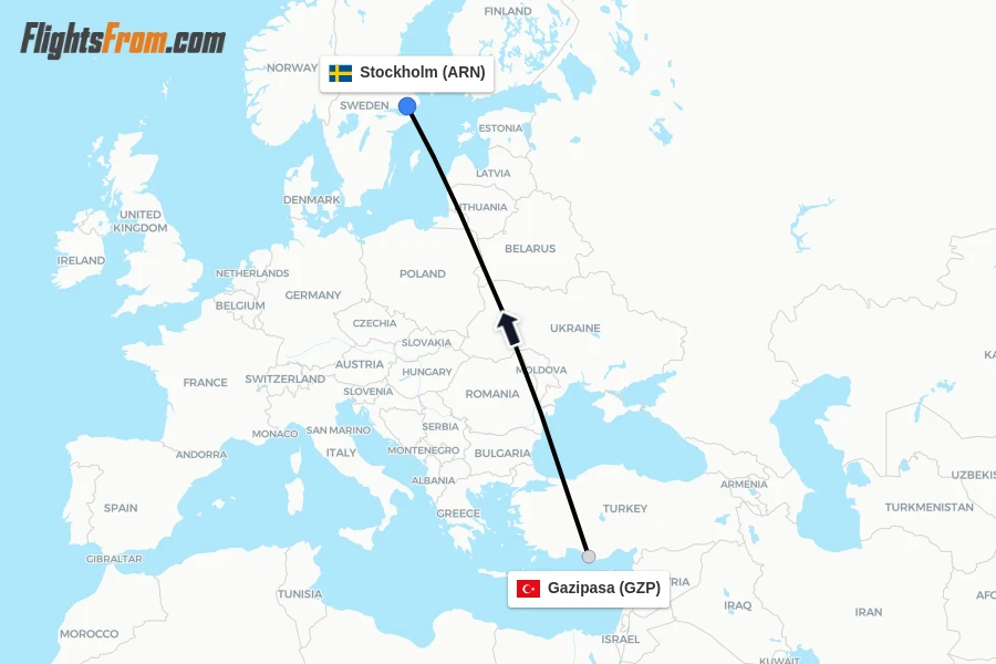 Flights from Gazipasa to Stockholm route map