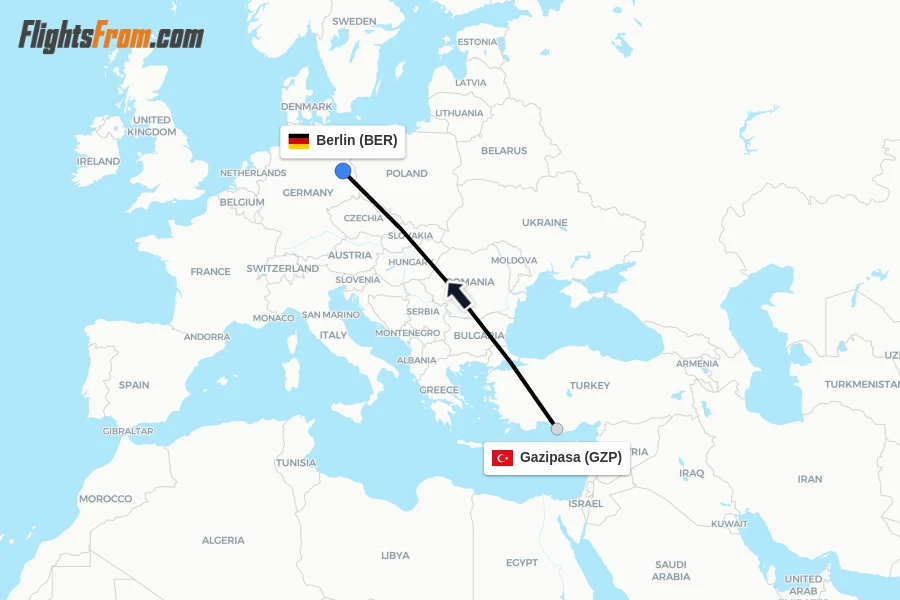 Flights from Gazipasa to Berlin route map