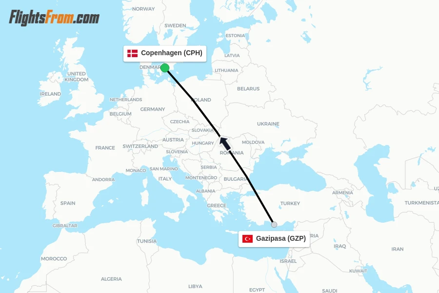 Flights from Gazipasa to Copenhagen route map