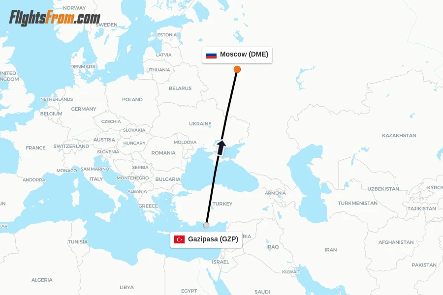 Flights from Gazipasa to Moscow route map