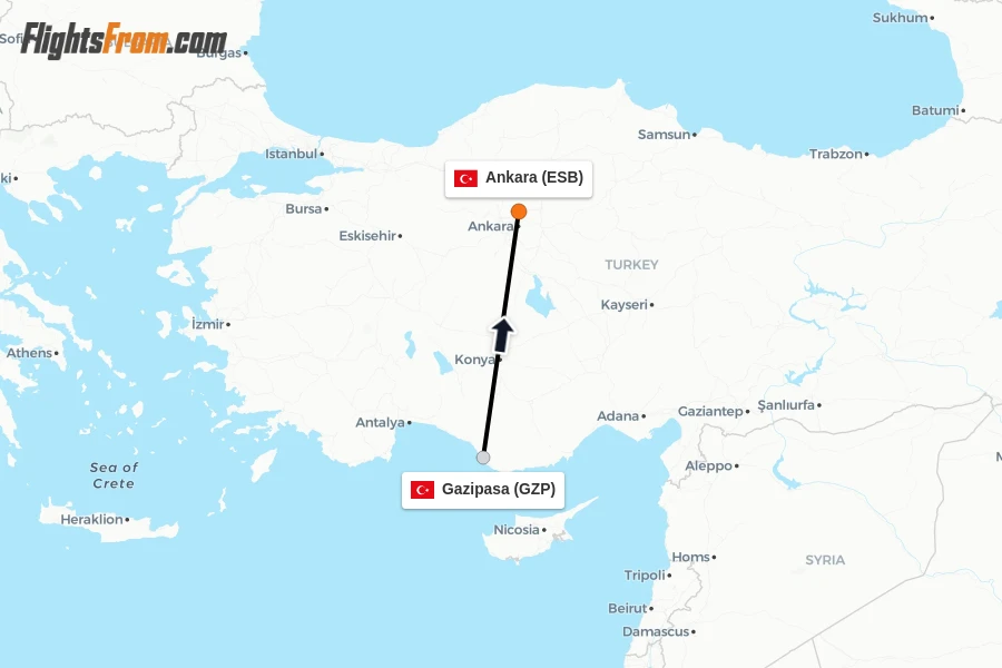 Flights from Gazipasa to Ankara route map