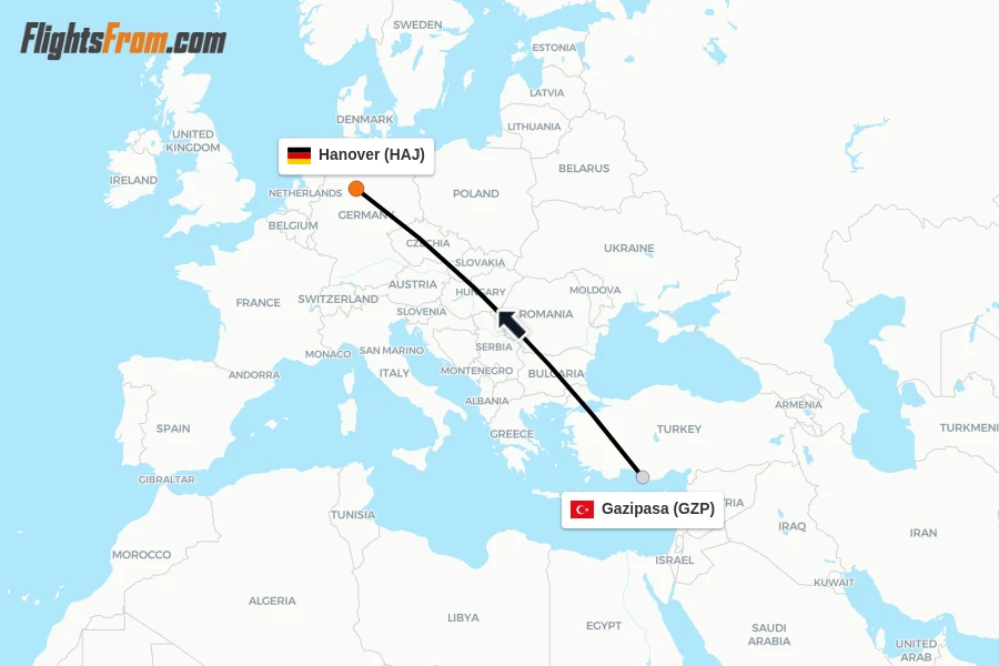 Flights from Gazipasa to Hanover route map