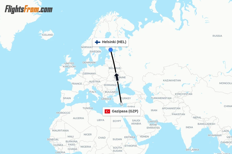 Flights from Gazipasa to Helsinki route map