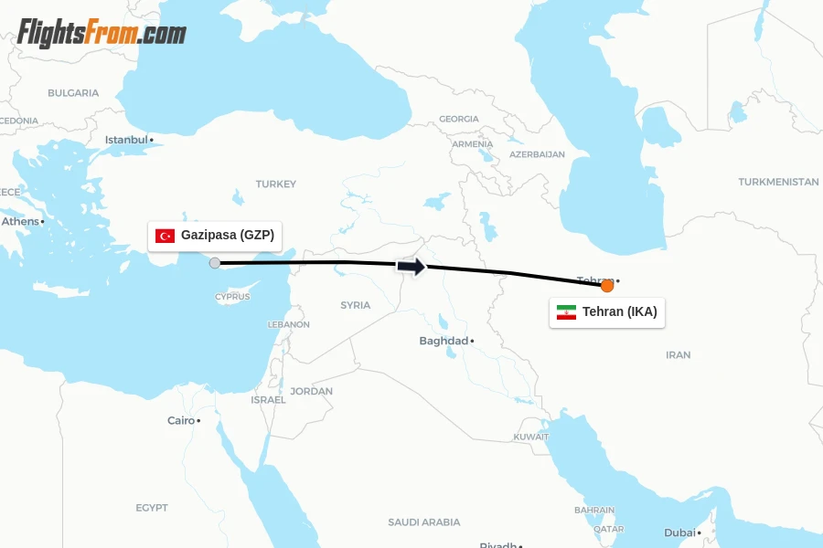 Flights from Gazipasa to Tehran route map