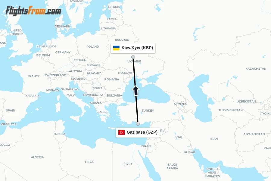 Flights from Gazipasa to Kiev/Kyiv route map
