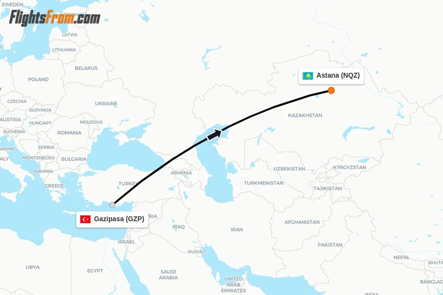 Flights from Gazipasa to Astana route map