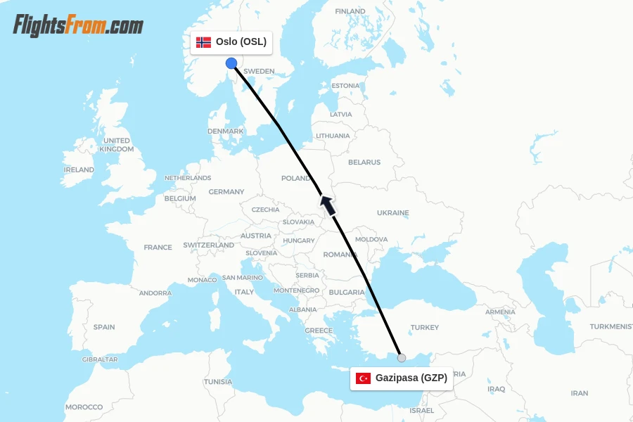 Flights from Gazipasa to Oslo route map