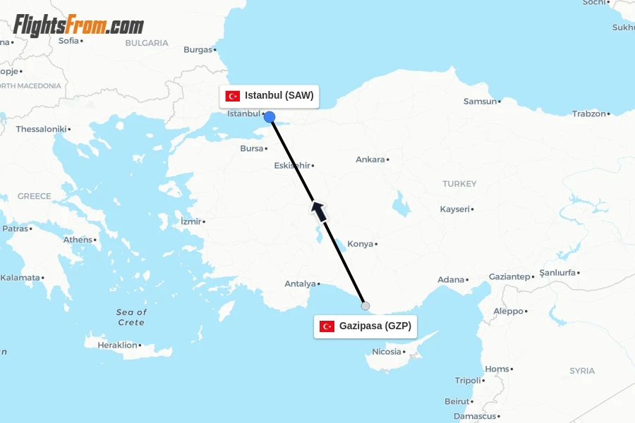 Flights from Gazipasa to Istanbul route map