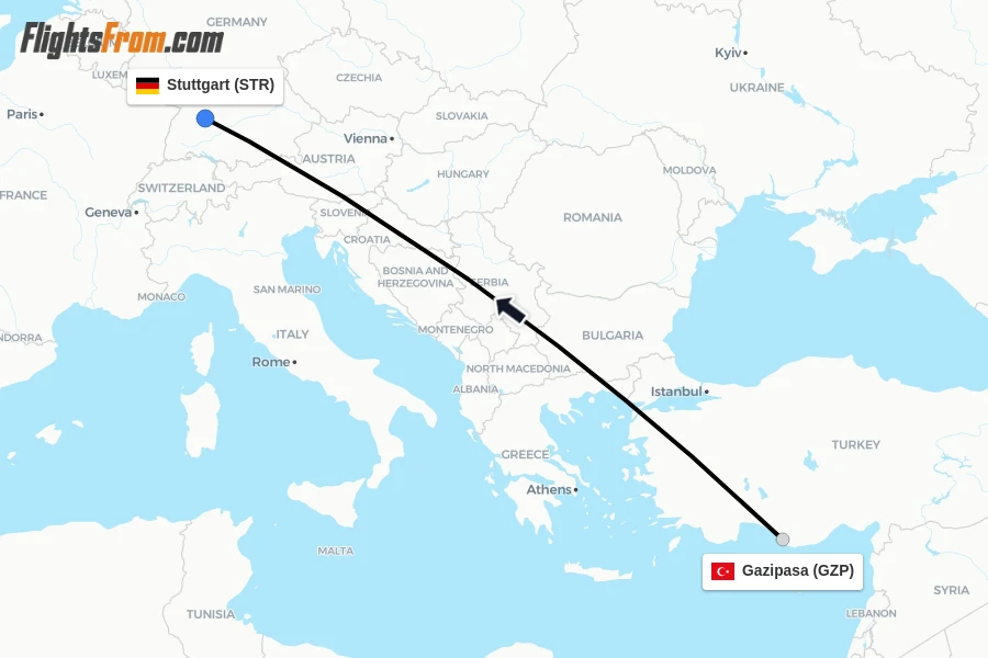Flights from Gazipasa to Stuttgart route map