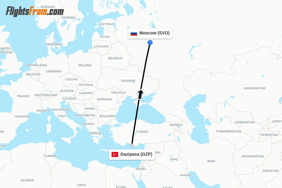 Flights from Gazipasa to Moscow route map