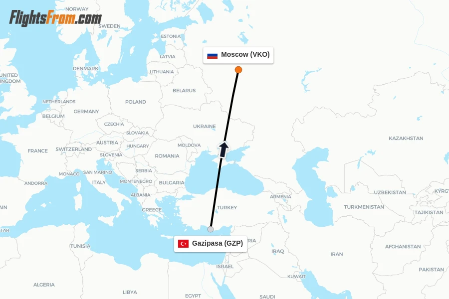 Flights from Gazipasa to Moscow route map