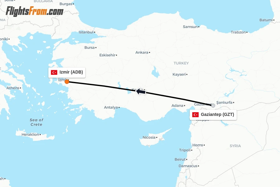 Flights from Gaziantep to Izmir route map