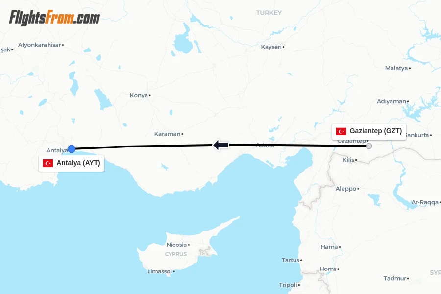 Flights from Gaziantep to Antalya route map