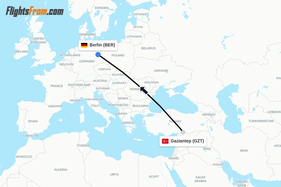 Flights from Gaziantep to Berlin route map