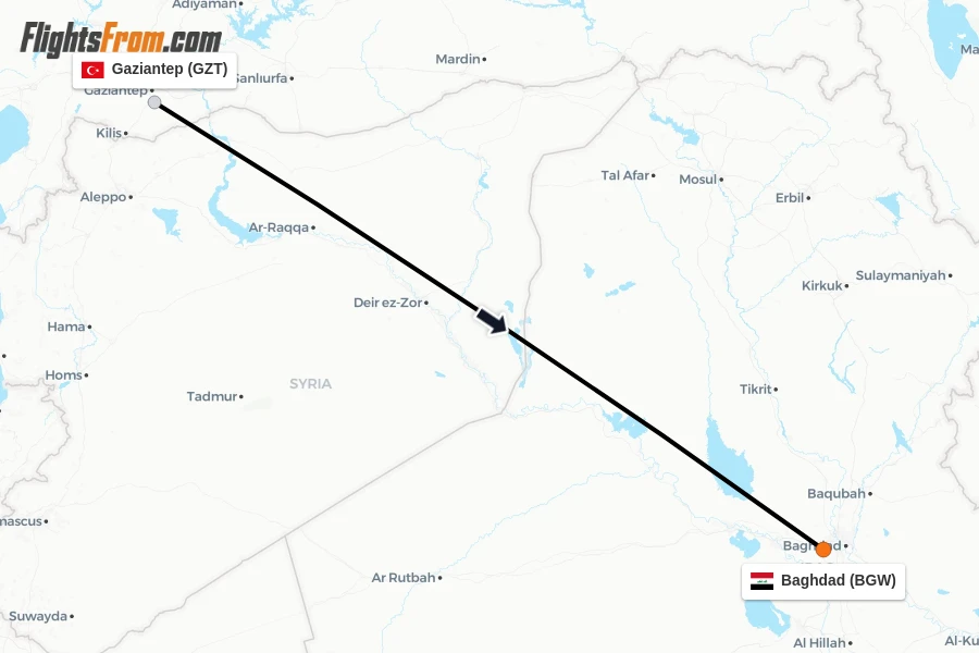 Flights from Gaziantep to Baghdad route map